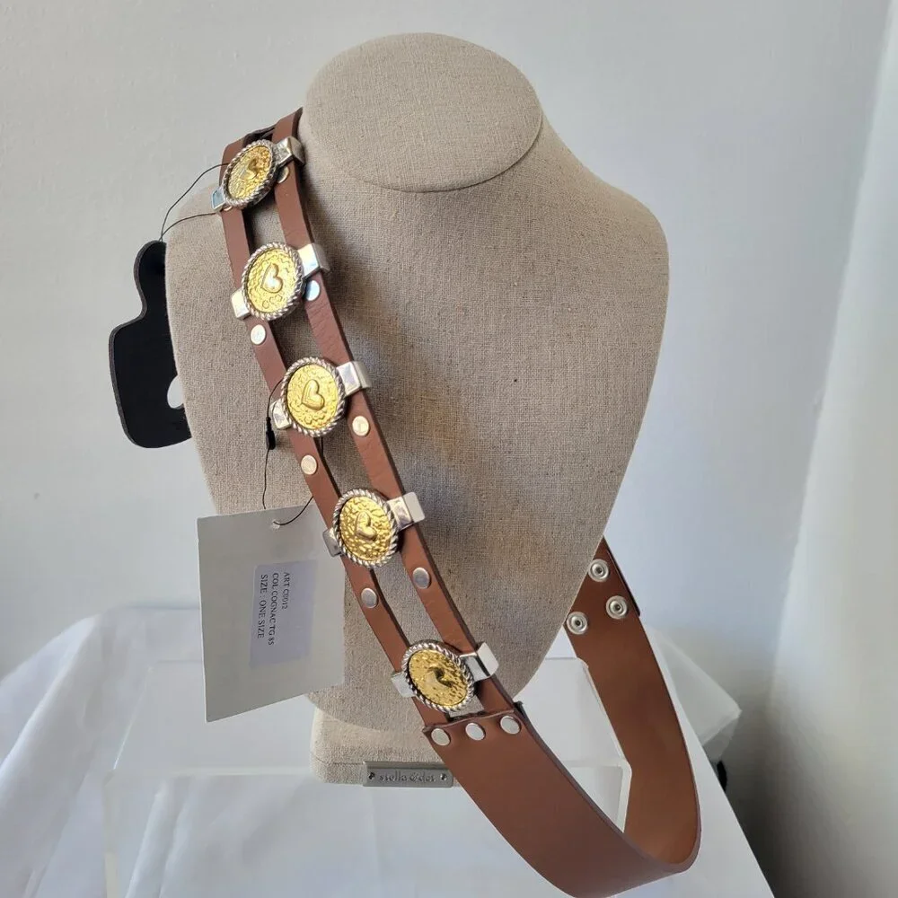 Punt Fibbia Brown Genuine Leather Concho Belt w/Gold-tone Heart Medallions (Size